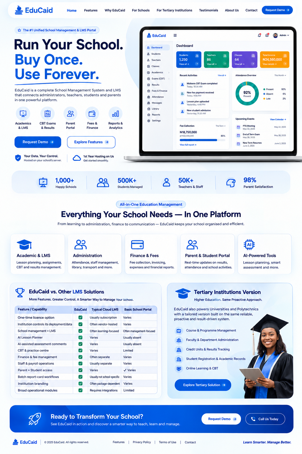 EduCaid product website and school management dashboard interface